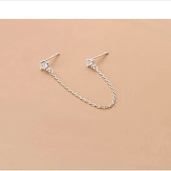 Crystal Chain Stud Sterling Silver Cartilage Double Piercing Climber Earring NEW - Picture 5 of 16